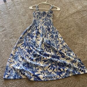 H&M Blue and Cream Floral Midi Dress with Smocked Bodice